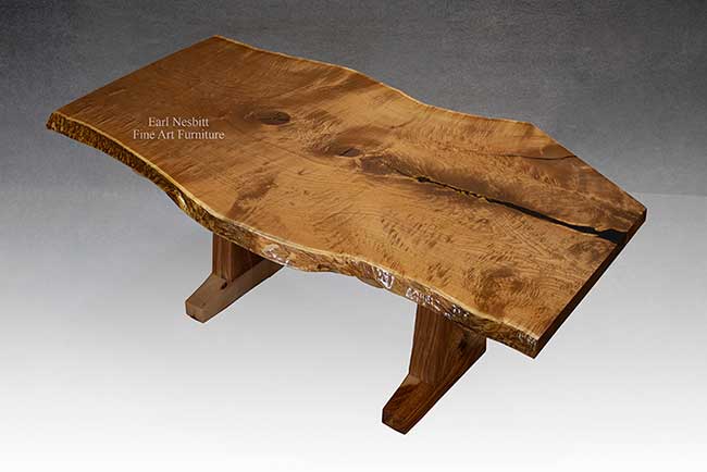 modern live edge table from above showing figured red mulberry slab